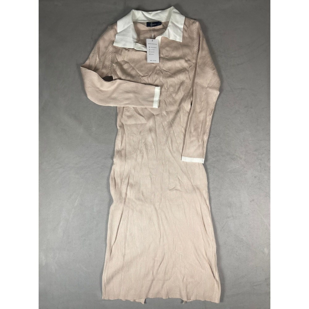 ZESICA Beige Ribbed Knit Polo Midi Dress Long Sleeve Collared Size L NWT
